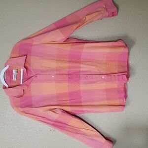 Liz Baker Linen Size 1X Pink Peach Plaid Top Roll Up Sleeves Button Front